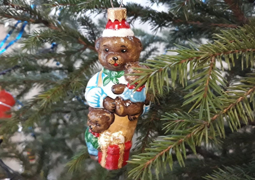 Bear family glass Christmas handmade ornament, Luxury Blown Glass Christmas tree glass decoration ChristmasboxStore