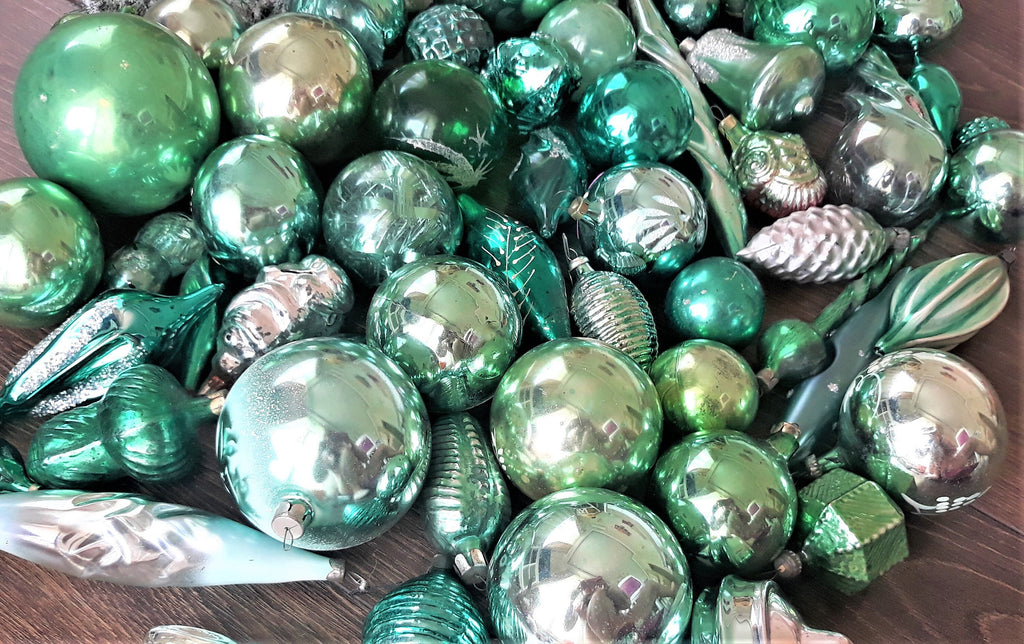 50 Assorted green glass decor,1970s , vintage christmas, Retro Christmas, Antique ChristmasboxStore