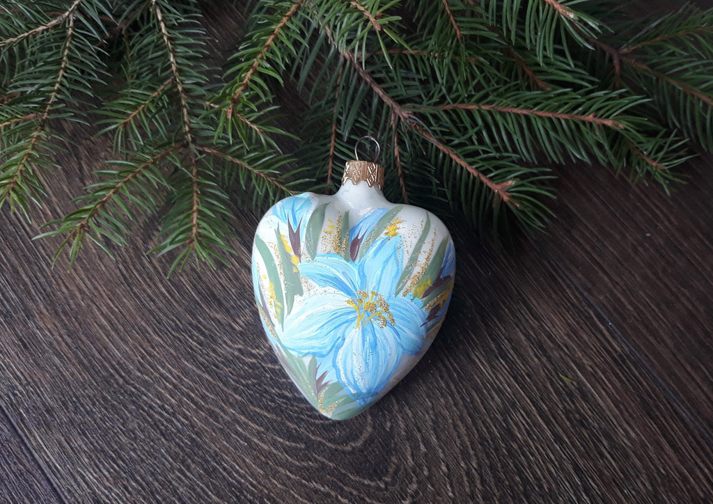 A heart with a flowers Handmade Christmas glass ornaments, Christmas Gift ChristmasboxStore