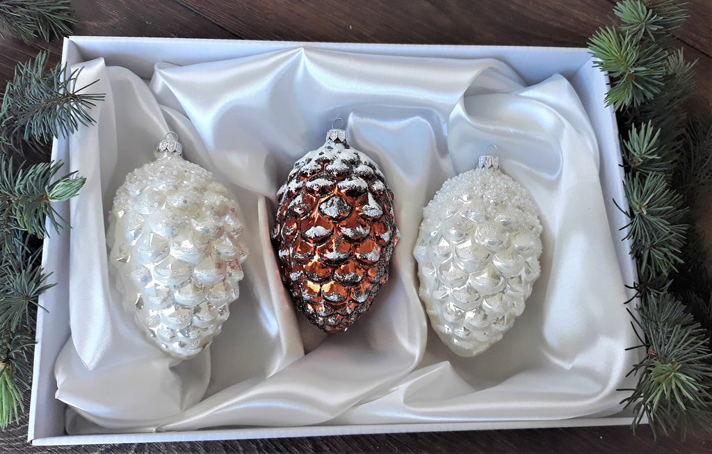 Set of 3 big cones Christmas glass handmade ornaments, Handcrafted Christmas decorations ChristmasboxStore