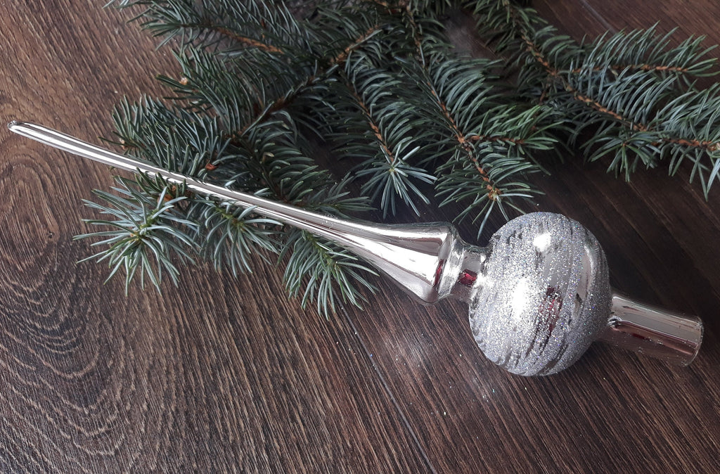 Silver Christmas glass tree topper, vintge XMAS finial ChristmasboxStore