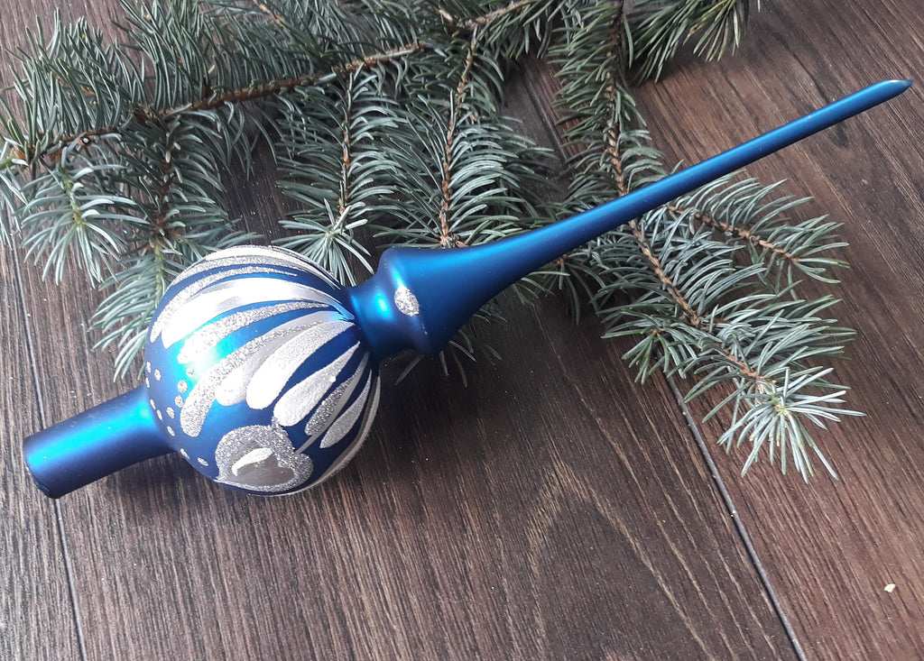 Blue Christmas glass tree topper with silver leaves, handemade XMAS finial ChristmasboxStore