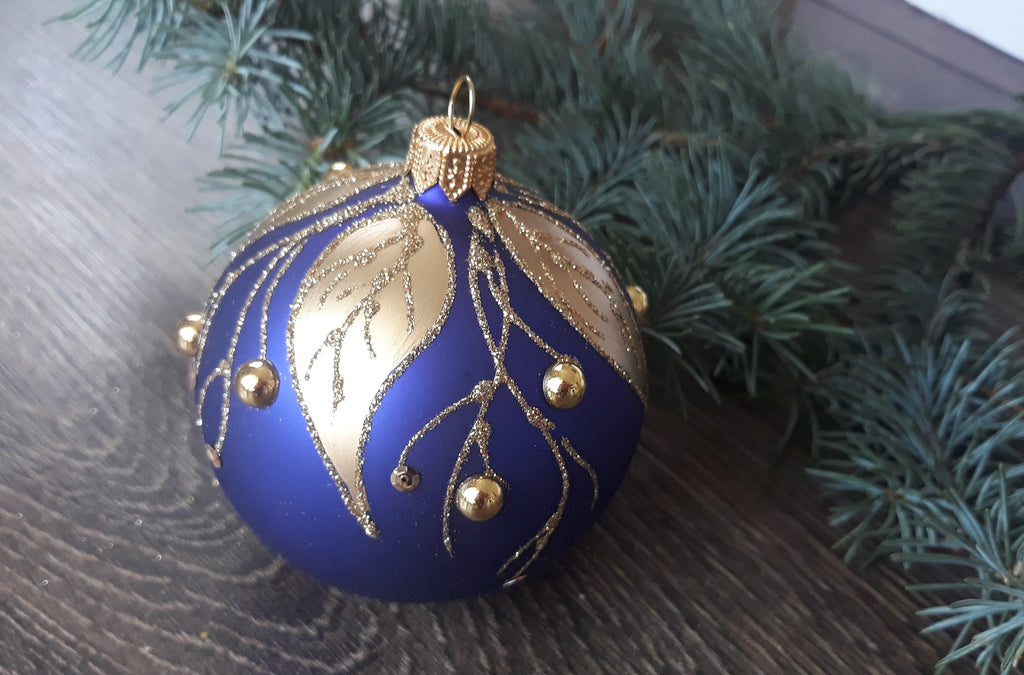 Gold branches blue glass ball Christmas ornament, Hand-painted decoration ChristmasboxStore