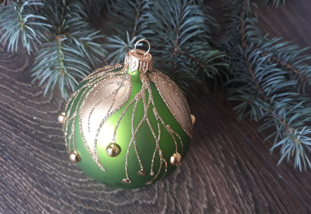 Gold branches green glass ball Christmas ornament, Hand-painted decoration ChristmasboxStore