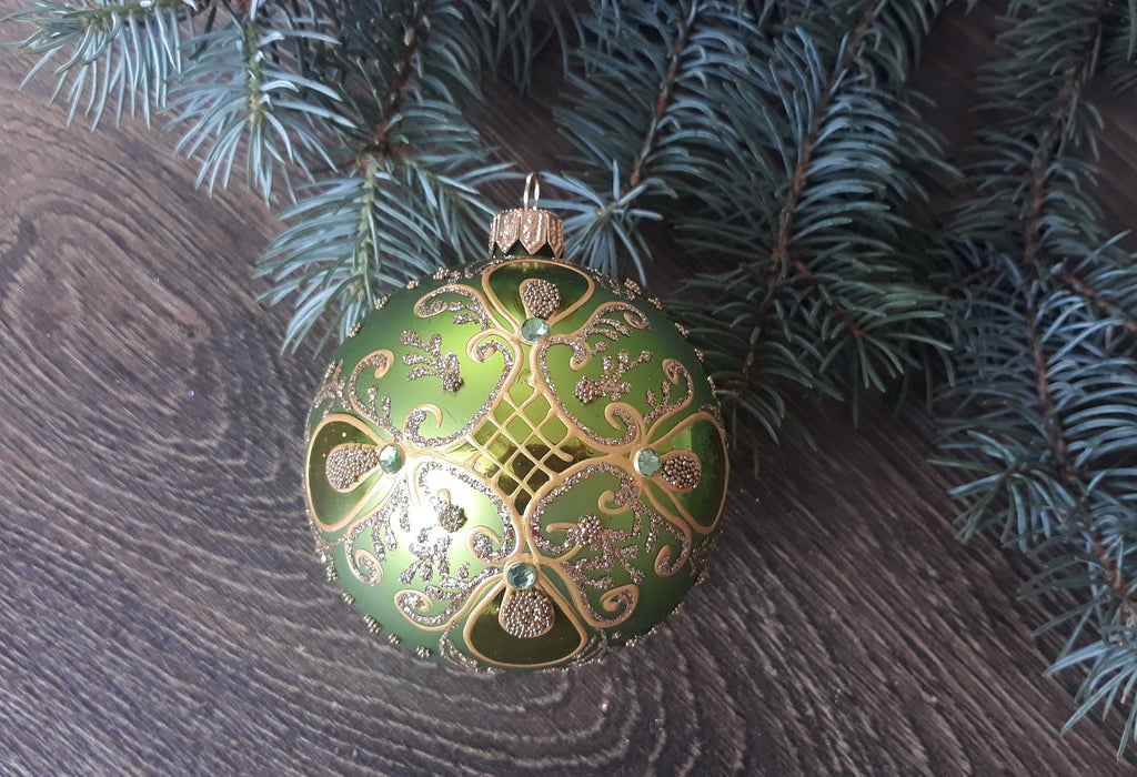 Gold on green glass ball Christmas ornament, Hand-painted decoration ChristmasboxStore