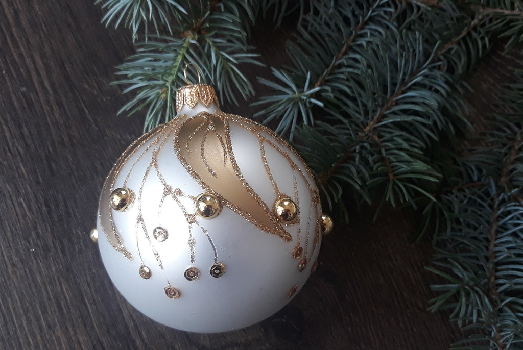 Gold branches white matt glass ball Christmas ornament, Hand-painted decoration ChristmasboxStore