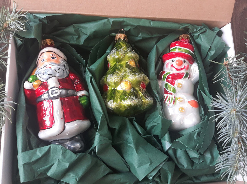 Set of 3 Christmas glass handmade ornaments, Santa Christmas, Handcrafted Christmas decoration ChristmasboxStore