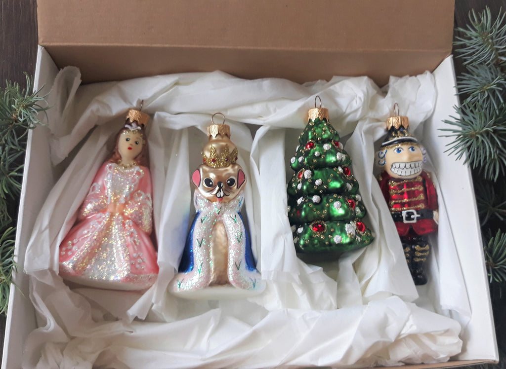 Set of 4 Christmas Nutcracker glass handmade ornaments, Handcrafted Christmas decorations ChristmasboxStore