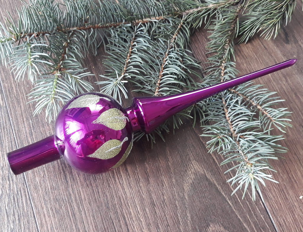 Violet Christmas glass tree topper with gold leaves, handmade XMAS finial ChristmasboxStore