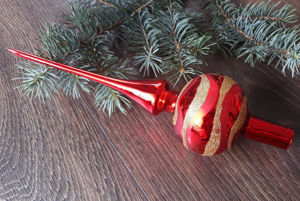 Red Christmas glass tree topper with gold patton, vintage XMAS finial ChristmasboxStore