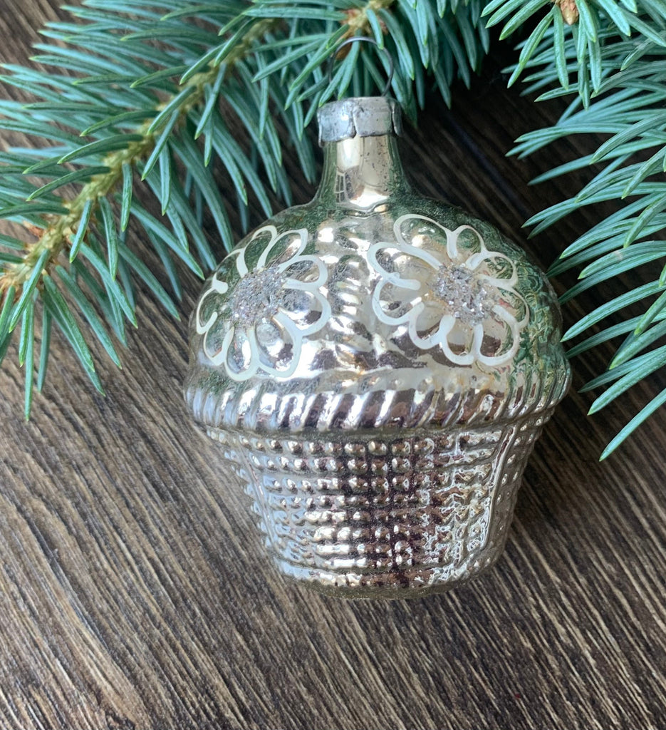 Basket of flowers Antique glass Christmas ornament 1960s, vintage Christmas tree glass ornament ChristmasboxStore