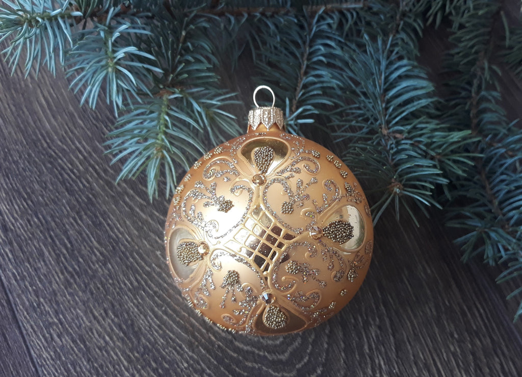 Gold glass ball Christmas ornament with gold patton, handmade XMAS decoration ChristmasboxStore