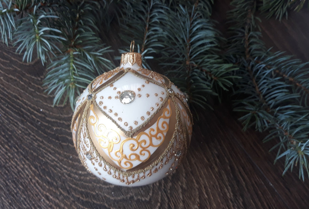 Gold on white glass ball Christmas ornament, hand-painted Christmas decoration ChristmasboxStore