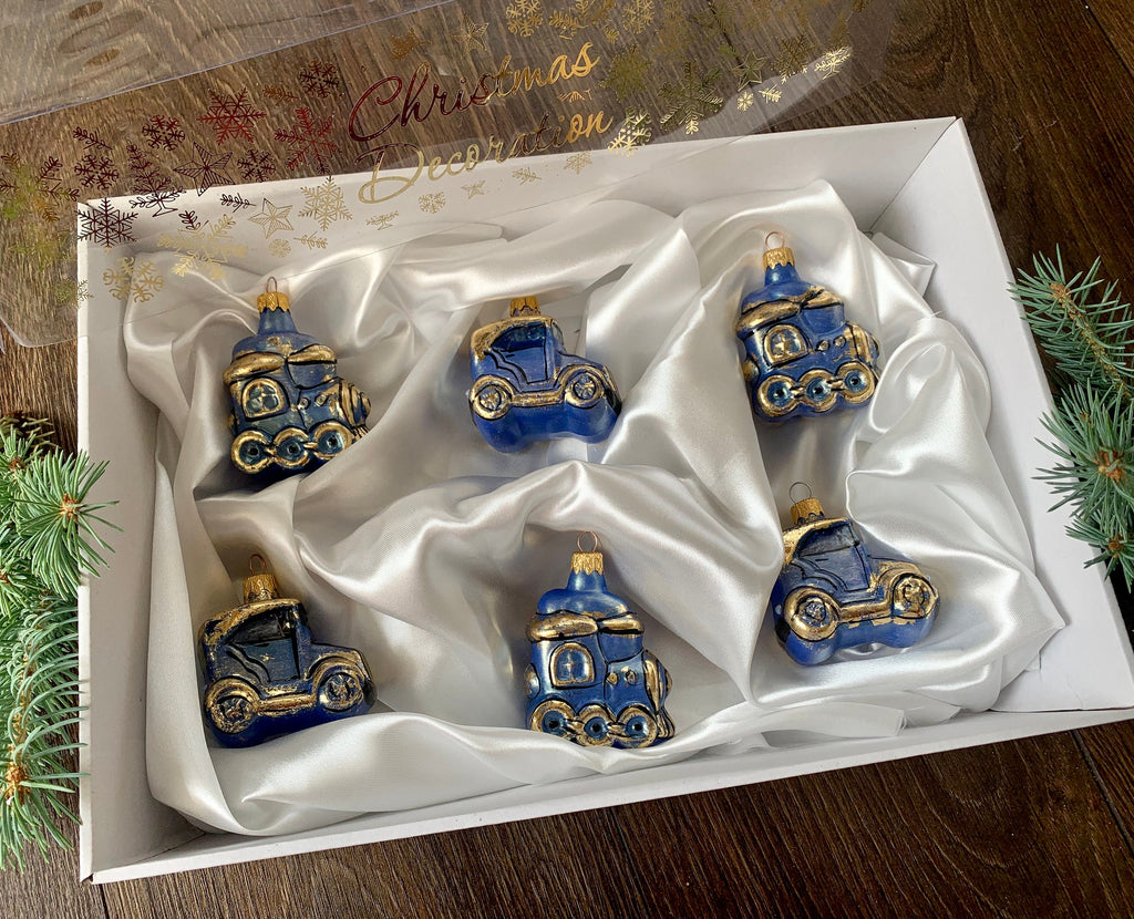 Set of 6 christmas glass ornaments, locomotive Handmade Christmas decor, Handcrafted ChristmasboxStore