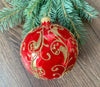 Gold patton on red glass ball Christmas ornament, hand-painted Christmas decoration ChristmasboxStore