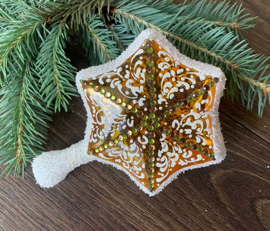 Orange Star Christmas glass tree topper glitted with white patton ChristmasboxStore