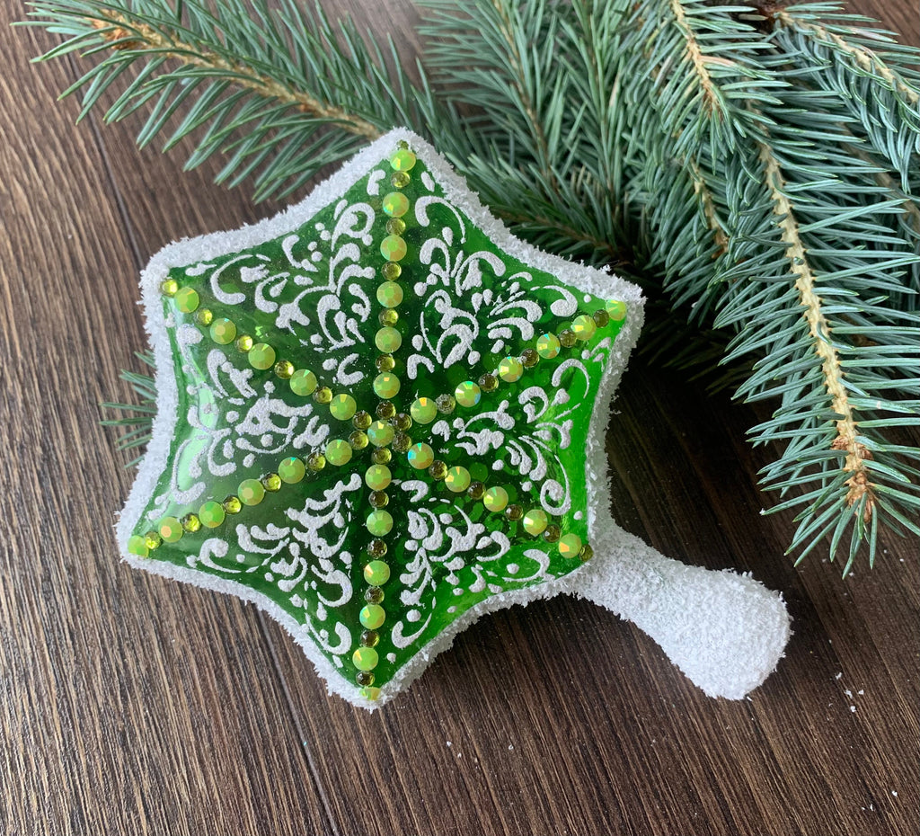 Green Star Christmas glass tree topper glitted with white patton ChristmasboxStore