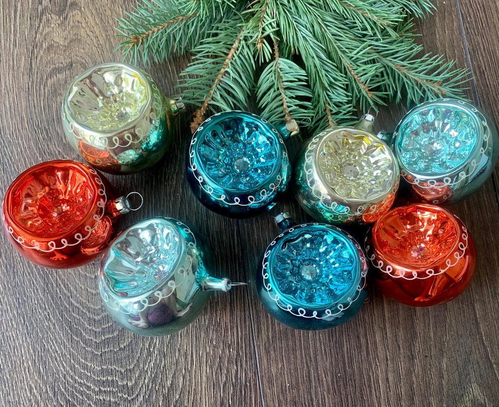 8 christmas glass Indent ornaments 1950s decoration vintage shiny retro decor silver gold green pink ChristmasboxStore