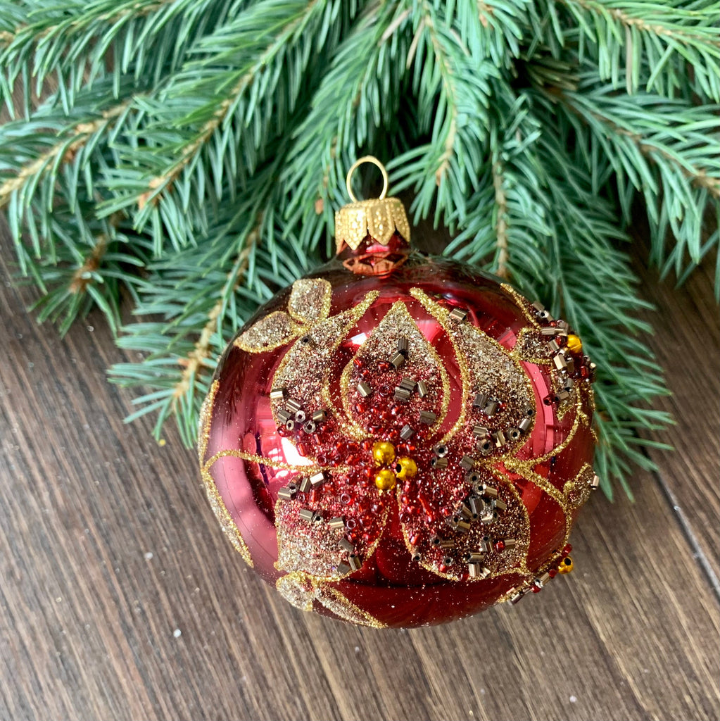 Glitted flower on red glass ball Christmas ornament, Hand-painted decoration ChristmasboxStore