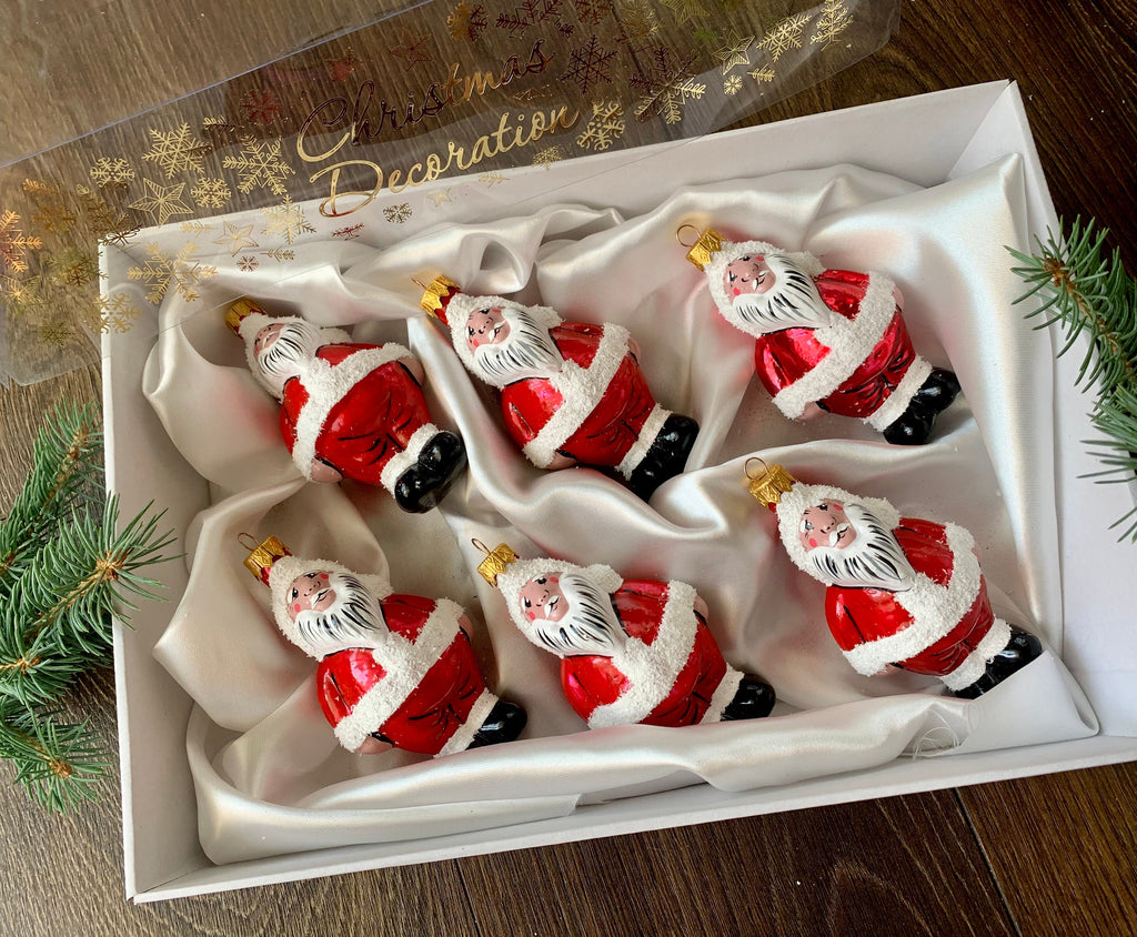 Set of 6 santas Christmas glass ornaments, Handmade, Handcrafted Christmas decorations ChristmasboxStore