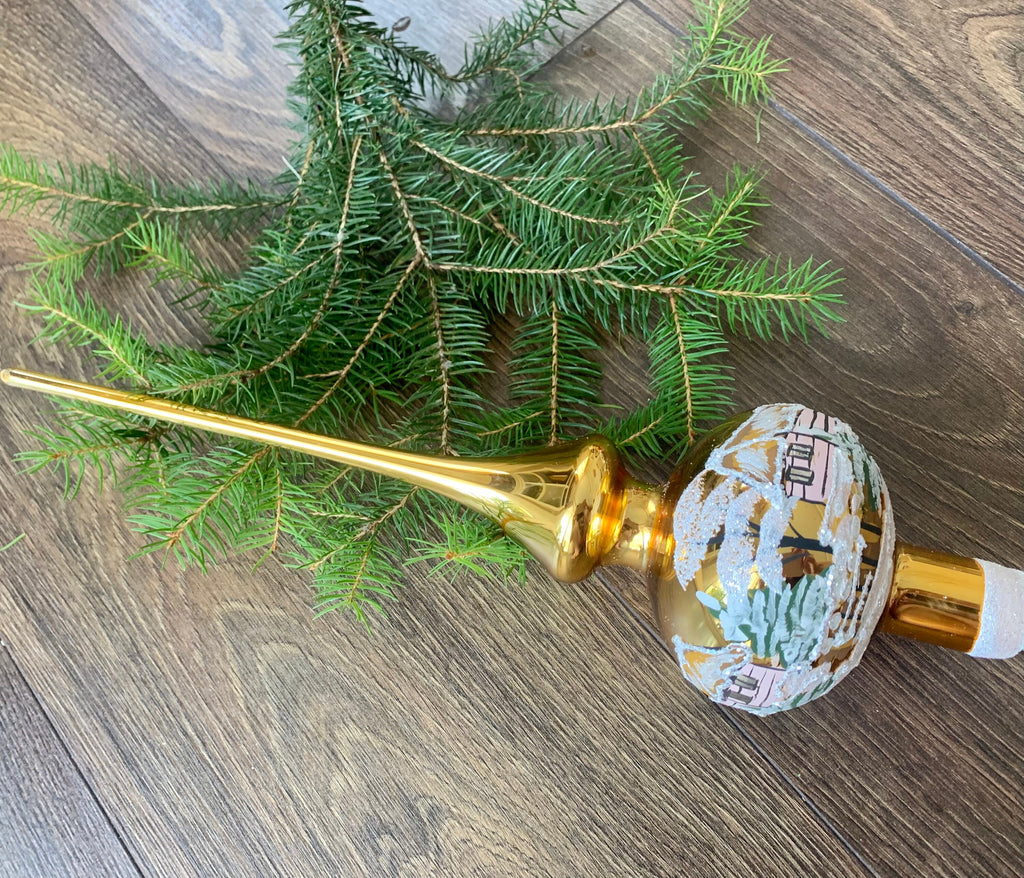 Big gold handpainted tree topper, vintage Christmas glass ornaments ChristmasboxStore