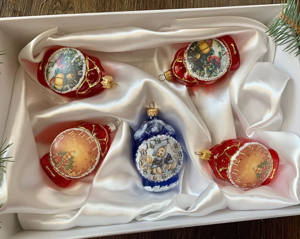 Set of 5 clocks Christmas glass handmade ornaments, Handcrafted Christmas decorations ChristmasboxStore