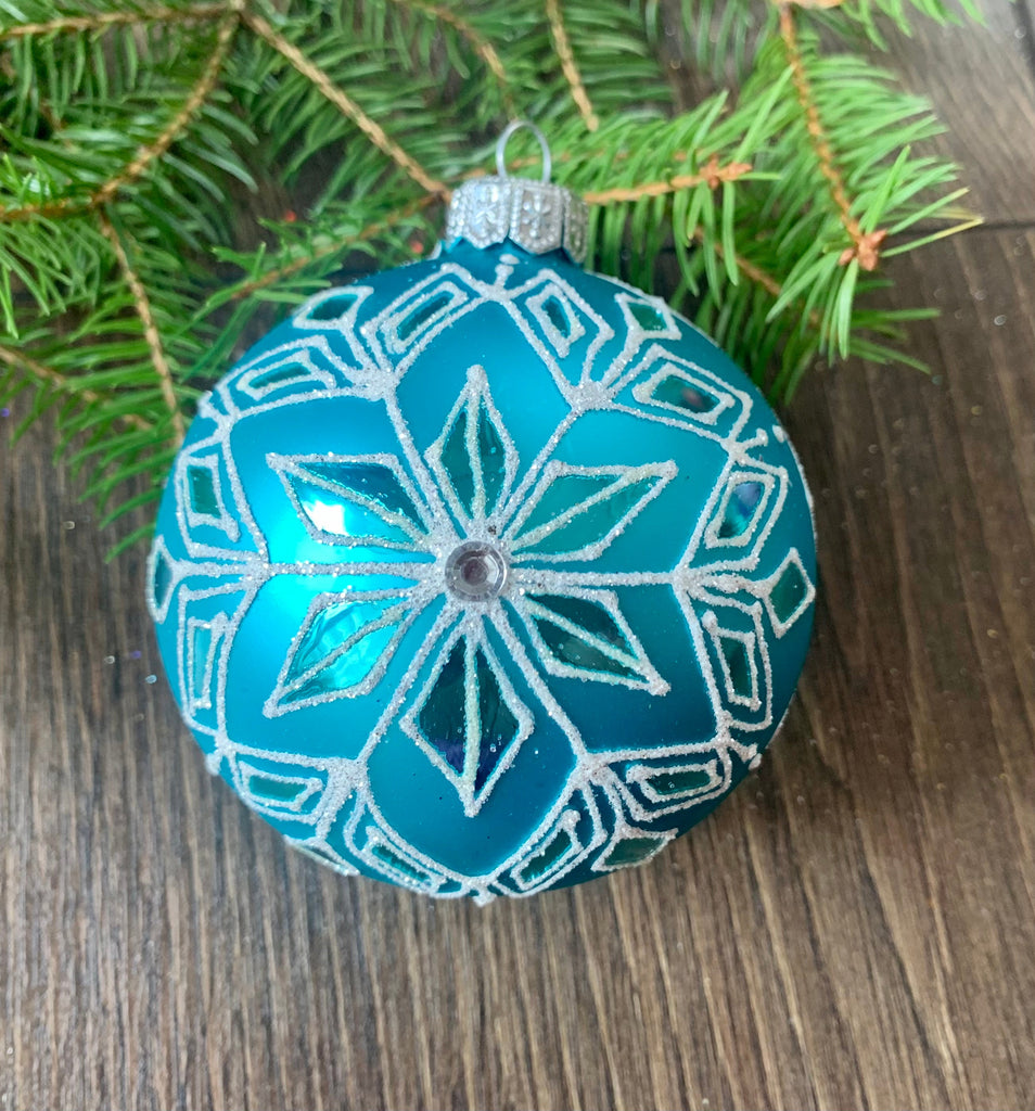 Snowflake on turquoise glass ball Christmas ornament, hand-painted Christmas decoration ChristmasboxStore