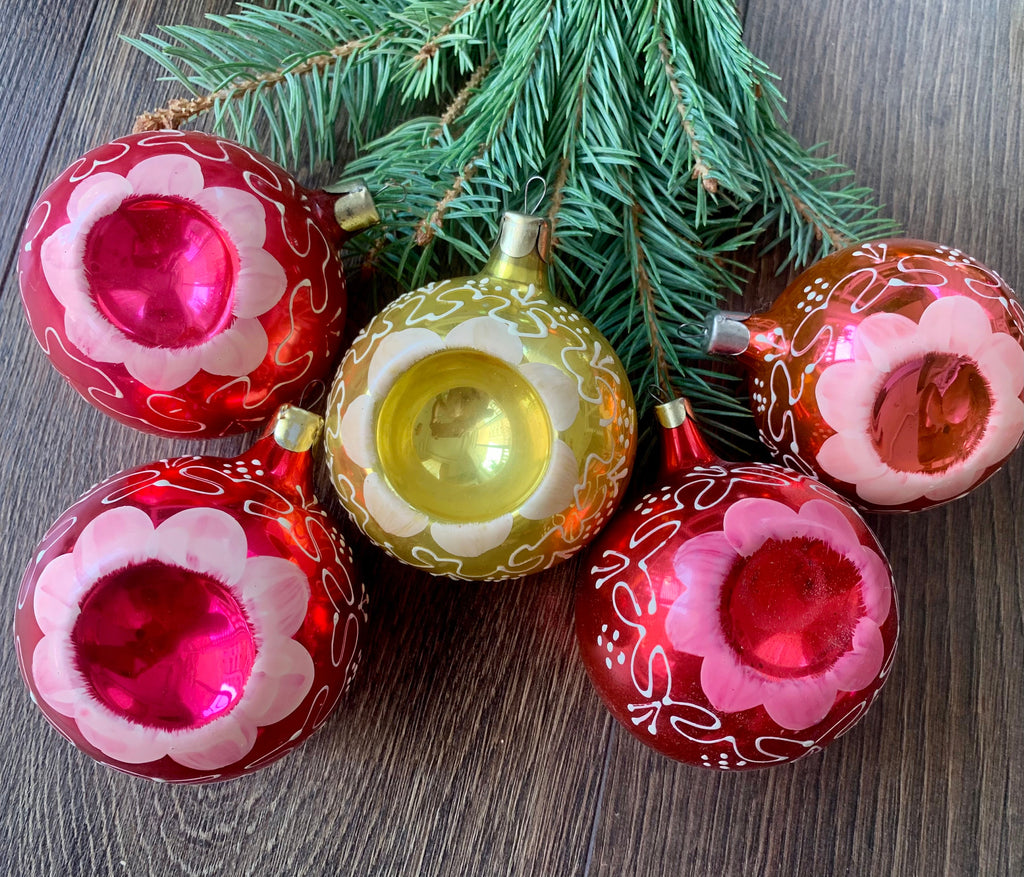 Five  Antique glass Christmas ornaments, 1980s vintage Christmas tree glass decorations ChristmasboxStore