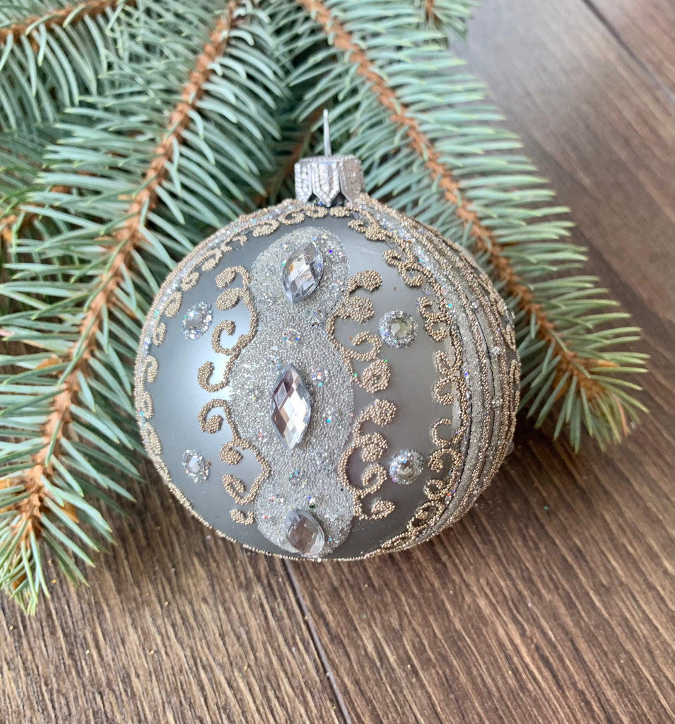 Renaissance style glass ball Christmas ornament, Diamond on grey  XMAS decoration ChristmasboxStore