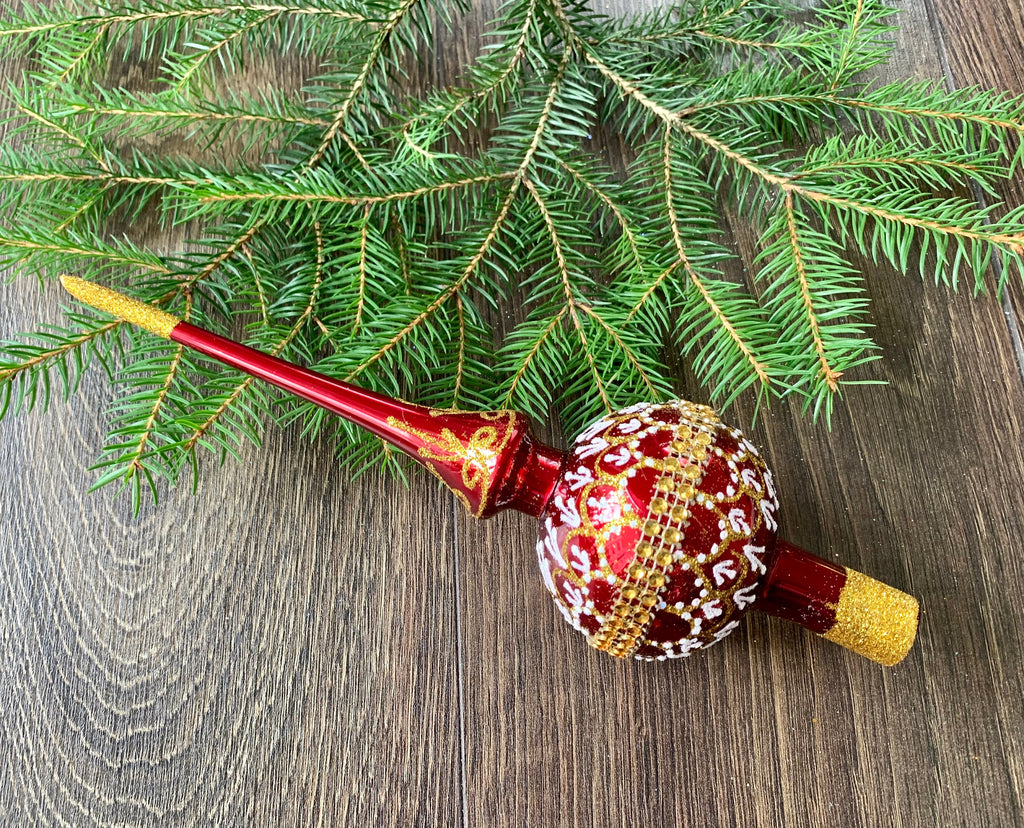 Red Christmas glass tree topper Which Is Accented With Gold, vintge XMAS finial ChristmasboxStore