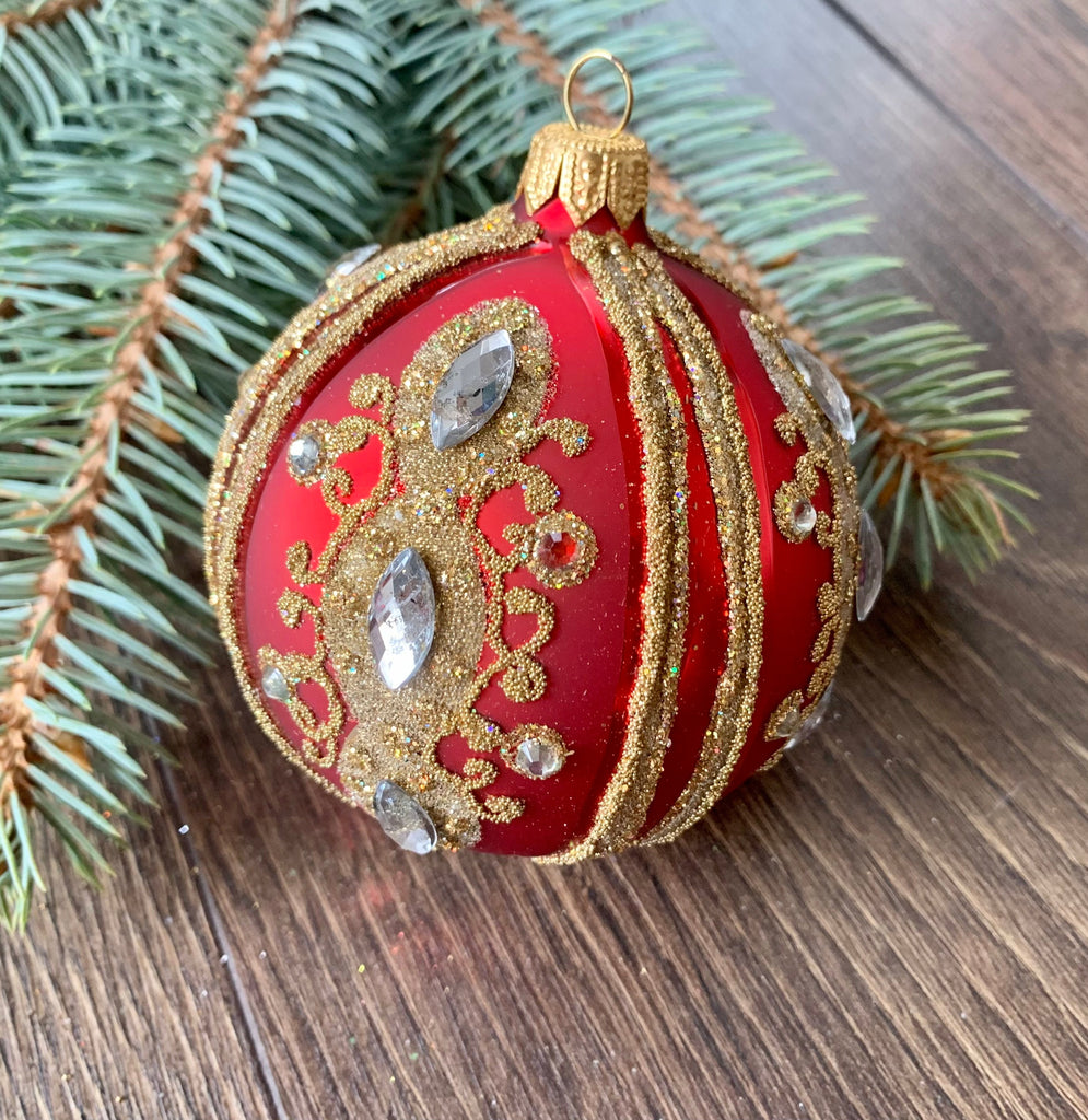 Renaissance style glass ball Christmas ornament, Diamond on red XMAS decoration ChristmasboxStore