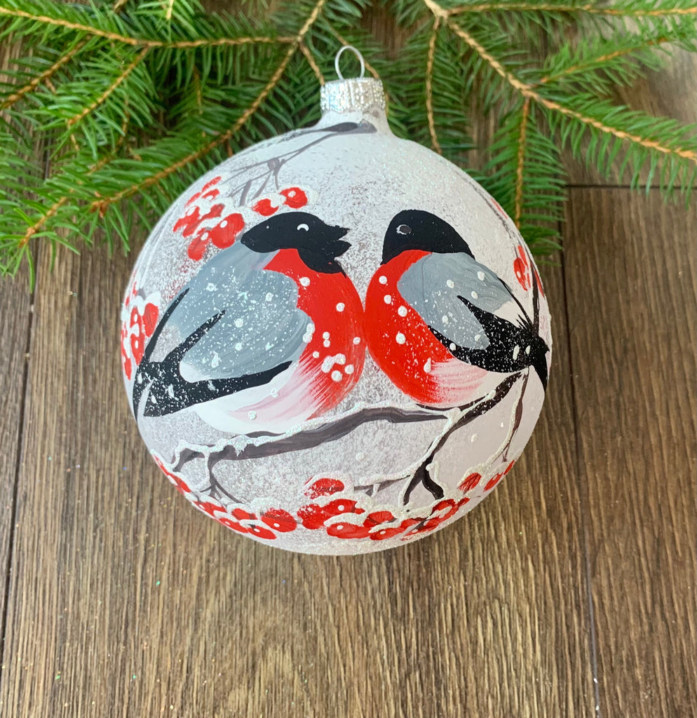 Two big bullfinches on a branch Glass Ball Christmas Ornament Birds Hand painted decorations ChristmasboxStore