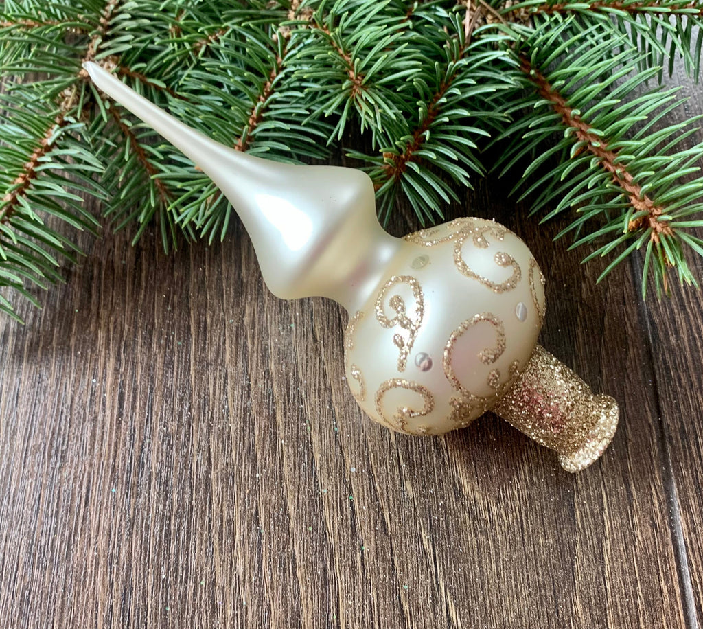 Small white matt with glold Christmas glass tree topper, vintage Christmas finial ChristmasboxStore