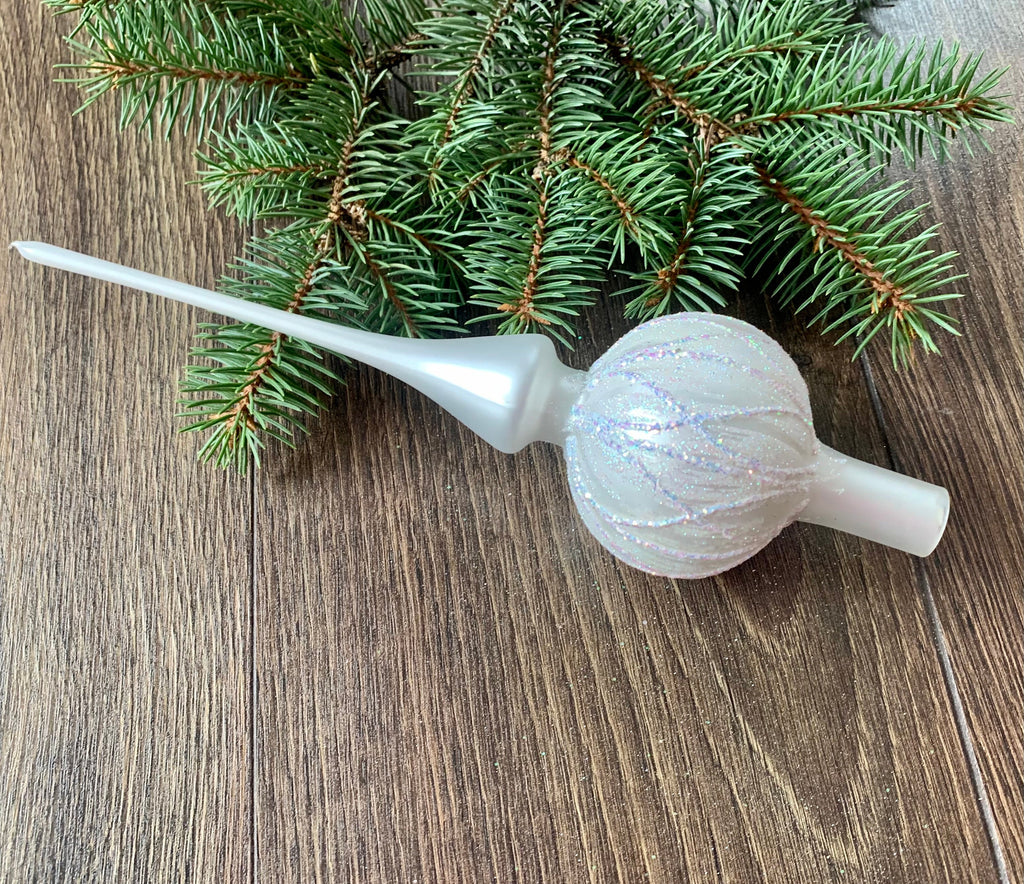 White Christmas glass tree topper with patton, vintage XMAS finial ChristmasboxStore