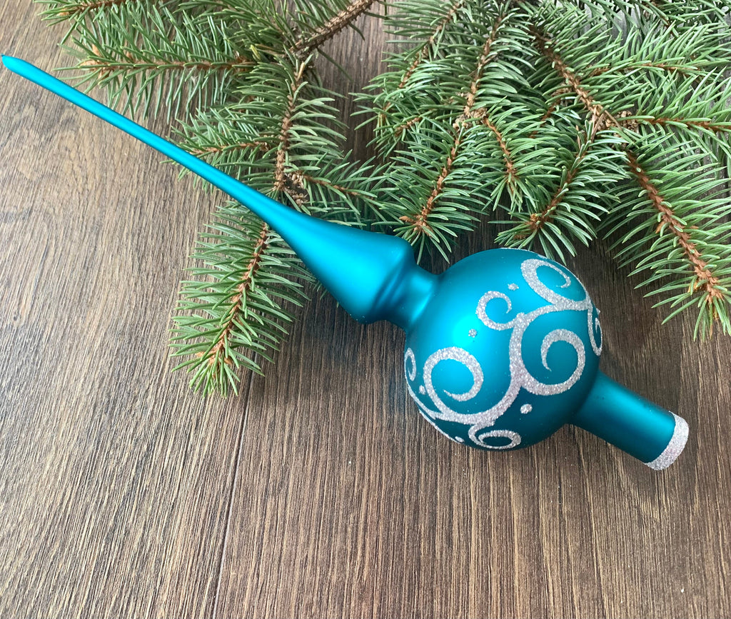 Turquoise Christmas glass tree topper with silver patton, handmade XMAS finial ChristmasboxStore