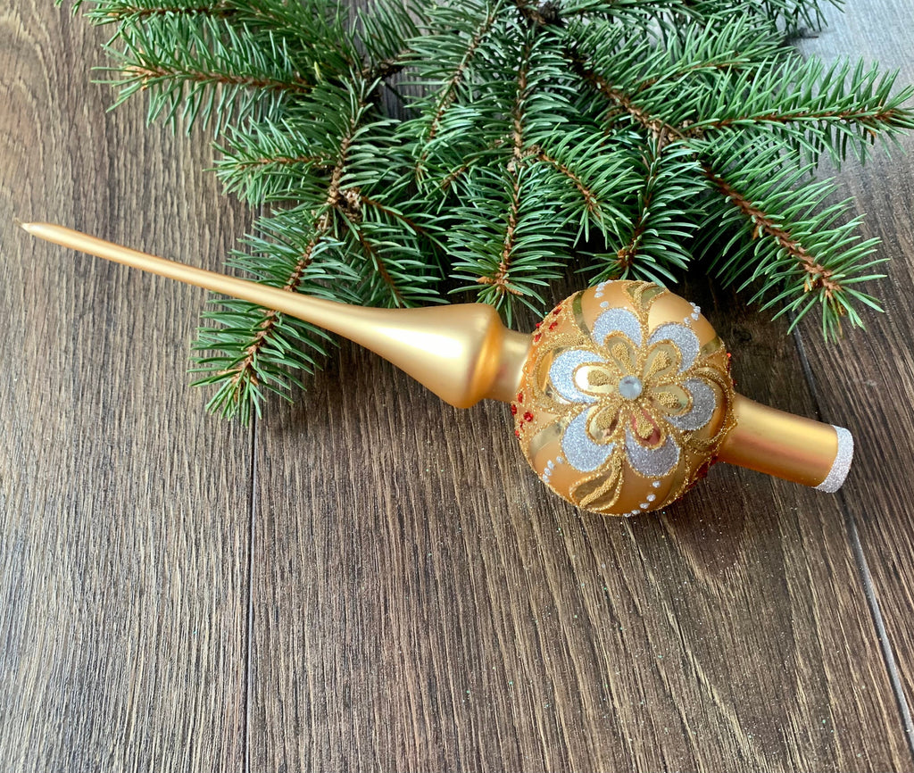 Gold Christmas glass tree topper with flower, vintage XMAS finial ChristmasboxStore