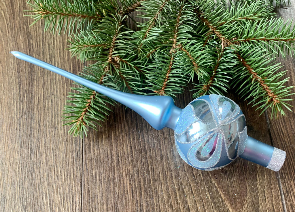 Light blue Christmas glass tree topper with patton, vintage XMAS top ChristmasboxStore