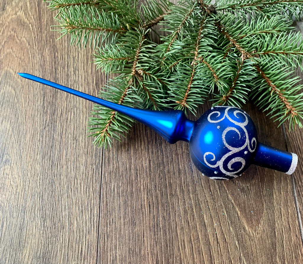 Blue Christmas glass tree topper with silver patton, vintage XMAX top ChristmasboxStore