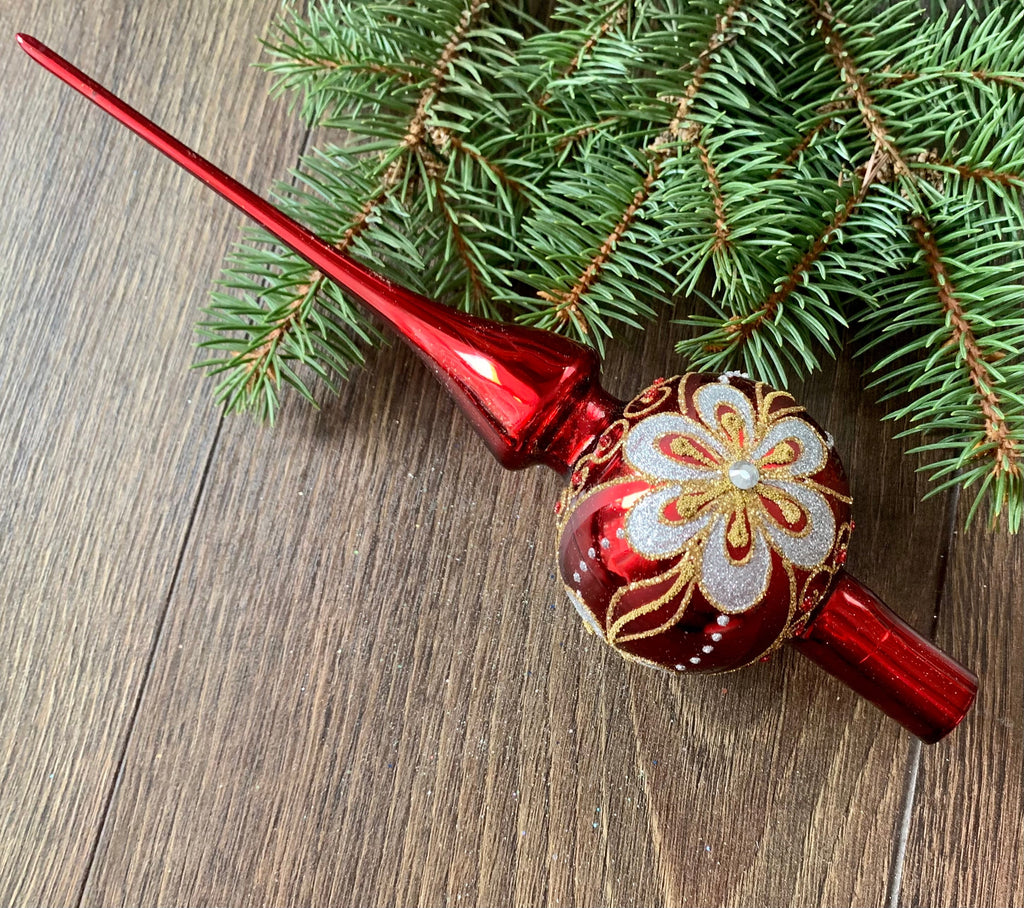 Red Christmas glass tree topper with flower, vintage XMAS finail ChristmasboxStore