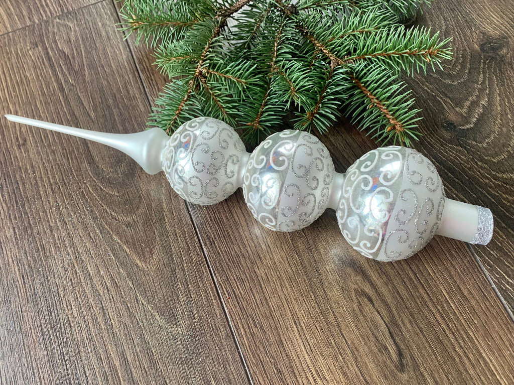 Big Silver Christmas glass Tree Topper With Three Balls Sections Vintage XMAS ChristmasboxStore