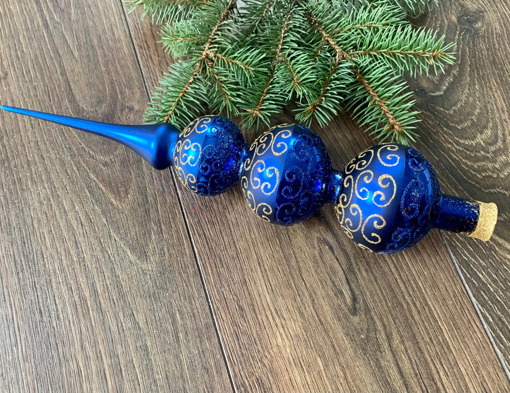 Big Blue Christmas glass Tree Topper With Three Balls Sections Which Is Accented With Gold ChristmasboxStore