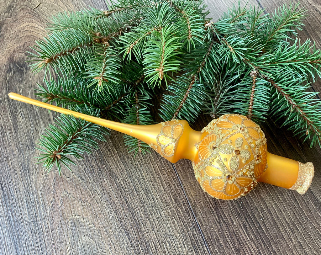 Gold with glitter Christmas glass tree topper, vintage finial ChristmasboxStore