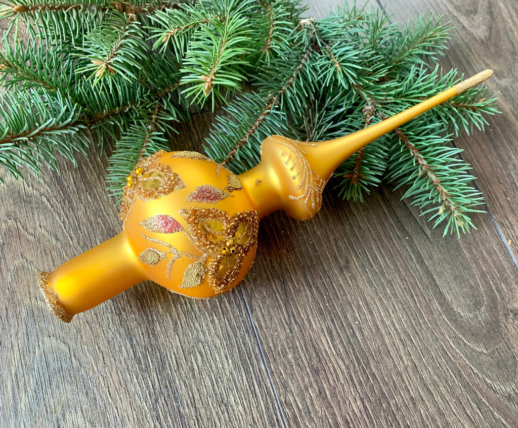 Big gold Chrismas glass tree topper with glitter, handmade ornaments ...