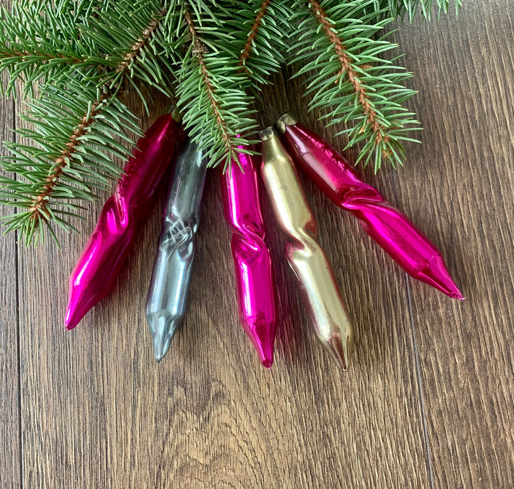 Five Icicles Antique glass Christmas ornaments 1970s, vintage Christmas glass decorations ChristmasboxStore