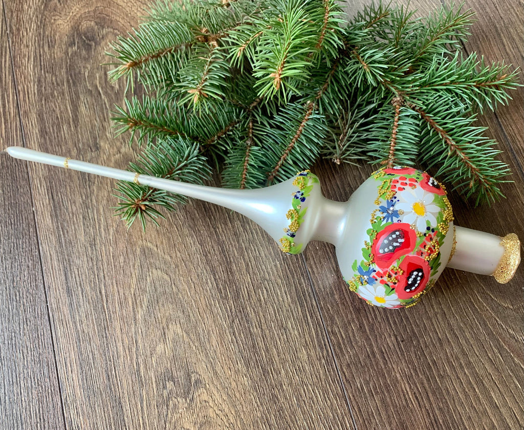Big siver Christmas glass tree topper with flowers, vintage XMAS finial ChristmasboxStore