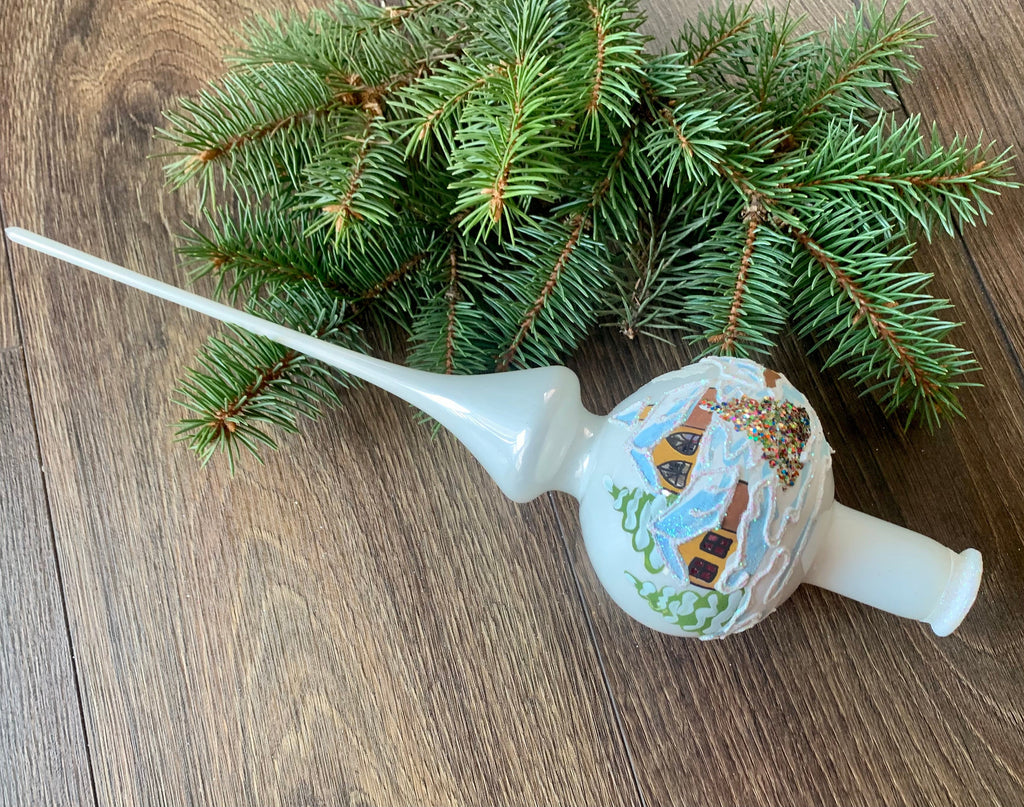 Big white handpainted tree topper, vintage Christmas glass tree ornaments ChristmasboxStore