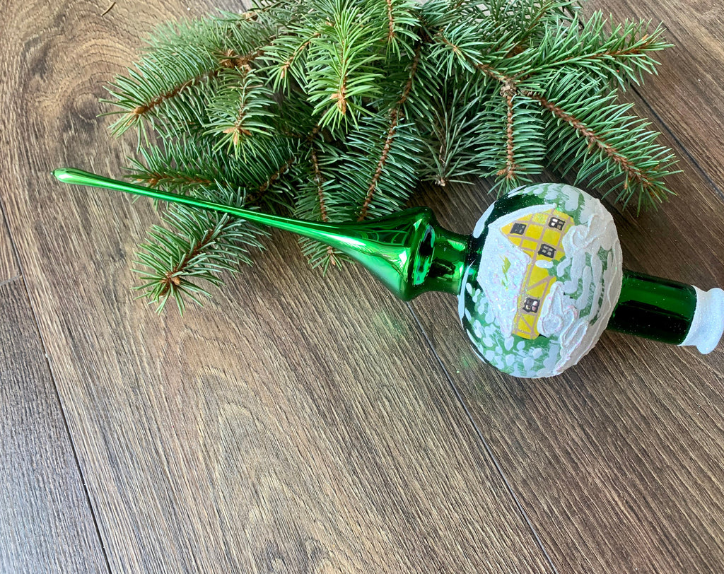 Big green handpainted tree topper, vintage Christmas glass ornaments ChristmasboxStore