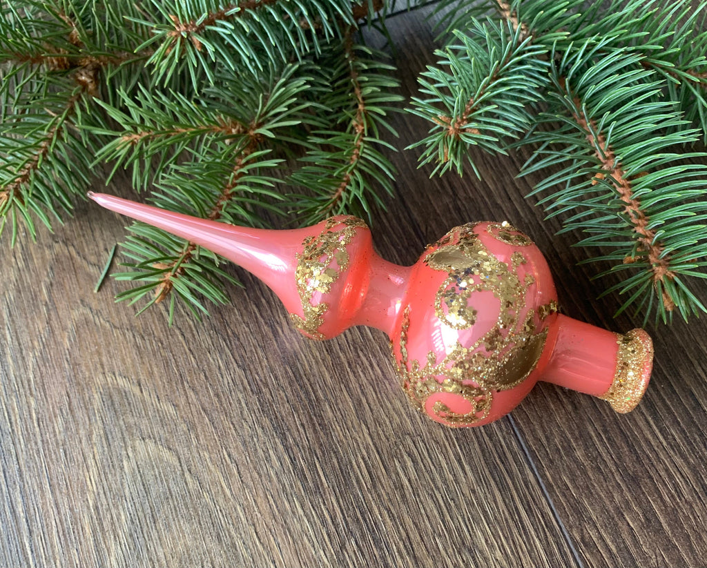 Little peach and gold Christmas glass tree topper, vintage Christmas finial ChristmasboxStore