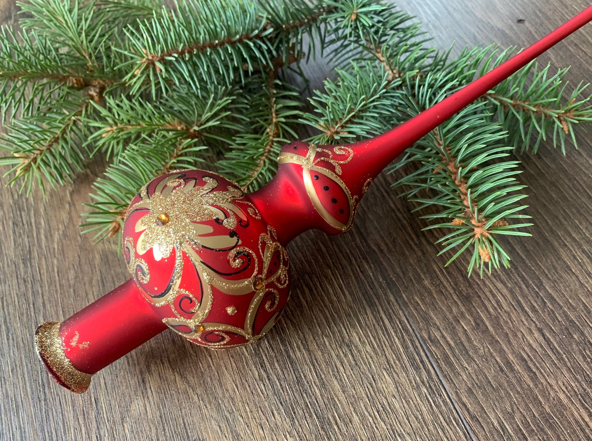 Red with gold Christmas glass tree topper, vintage XMAS finial ...