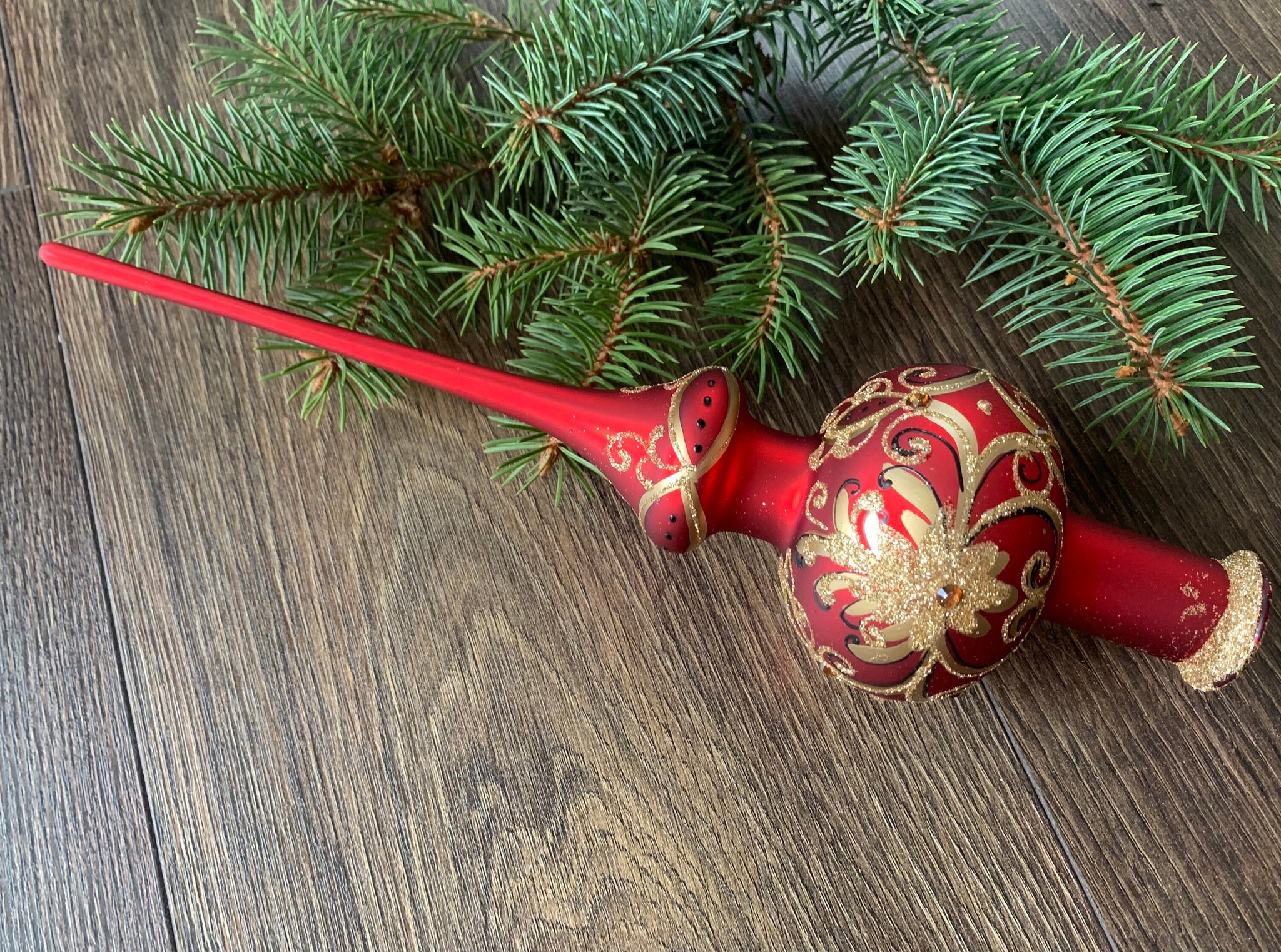 Red with gold Christmas glass tree topper, vintage XMAS finial ...